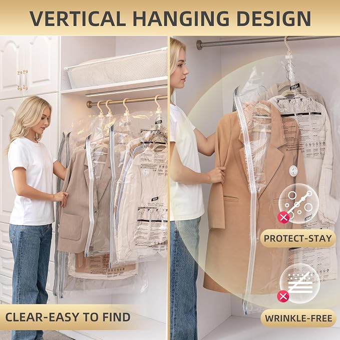 Hanging Vacuum Storage Bags, 6 Large Vacuum Pack Bags for Clothes Reusable Space Saver Bags Vacuum Compression Storage Bags for Winter Coats Wardrobe Coats, Suits & Dresses Garment 5-Ring Hangers | Vacuum Bag Clothing Vacuum Bag for Suits, Coats, Jacke...