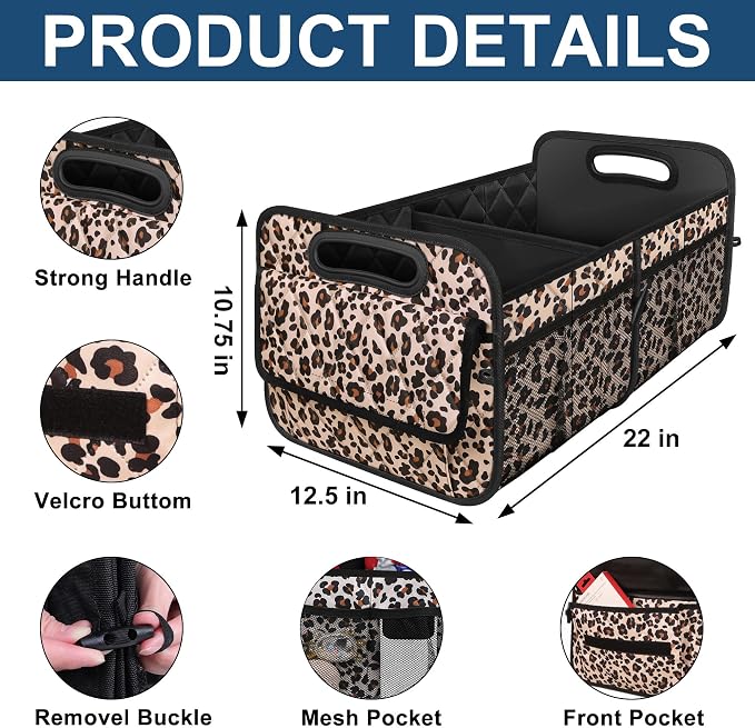 Deosk Trunk Organizer and Storage with Reinforced Handles,Car Accessories for Women/Men 50L Waterproof Polyester Trunk Organzier for Car/SUV/Minivan/Truck(Medium,Leopard print)