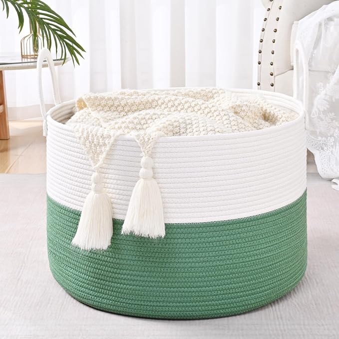 67L Large Woven Blanket Basket, Cotton Rope Baby Laundry Hamper with Handles, Kids Toy Basket for Classroom & Nursery, Soft Round Stuffed Animal Storage, Dog Toy Bin - 20"x13", Green