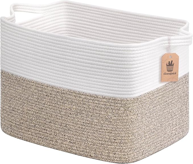 Goodpick 50L Large Woven Storage Basket, 18" x 14" x 12", Light Brown | Decorative Gift Basket for Nursery & Bedroom Organization, Cotton Rope Baskets for Blankets & Toys Storage, Built-In Handles
