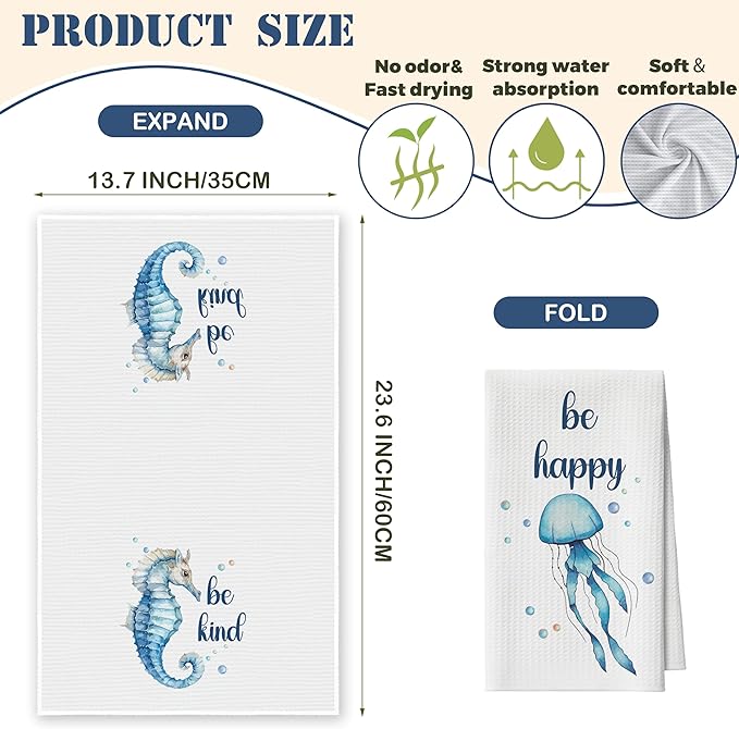 Kitchen Towels Set of 2, Nautical Seahorse Jellyfish Dish Towel for Kitchen, Beach Coastal Decorative Hand Towels for Bathroom, Fast Drying Tea Towel, Housewarming Gifts for Women Mom -B12