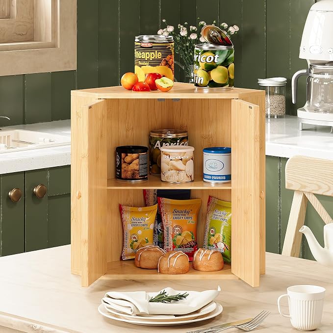 Trironsun Corner Bread Box for Kitchen Counter Double Layer Bamboo Bread Storage Container Large Capacity Bread Storage Bin Farmhouse Breadbox Organizer (Bamboo Natural)