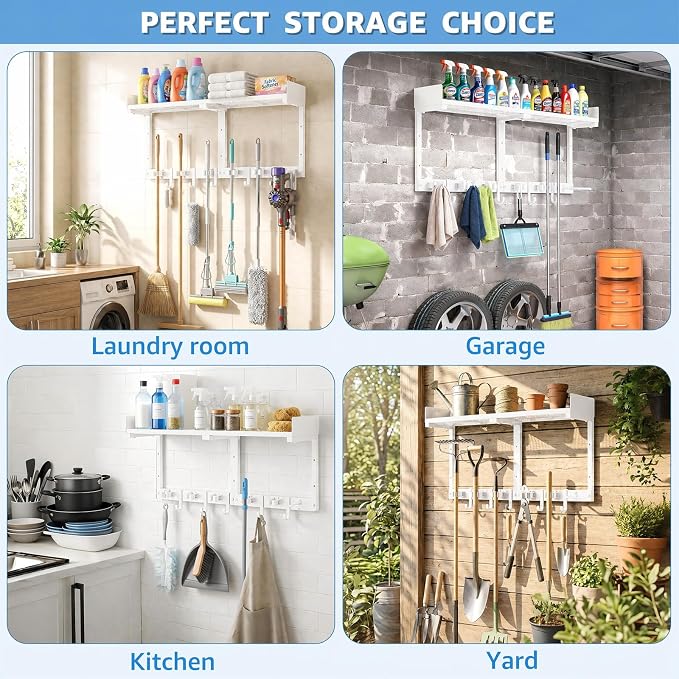 HUFAND Broom Holder Wall Mount, 27" Mop and Broom Organizer with Top Shelf | 5 Grippers,5 Movable S-Hooks,Breathable Grid Shelf,Rust-Resistant Coating,Hardware Included,for Kitchen,Laundry Room