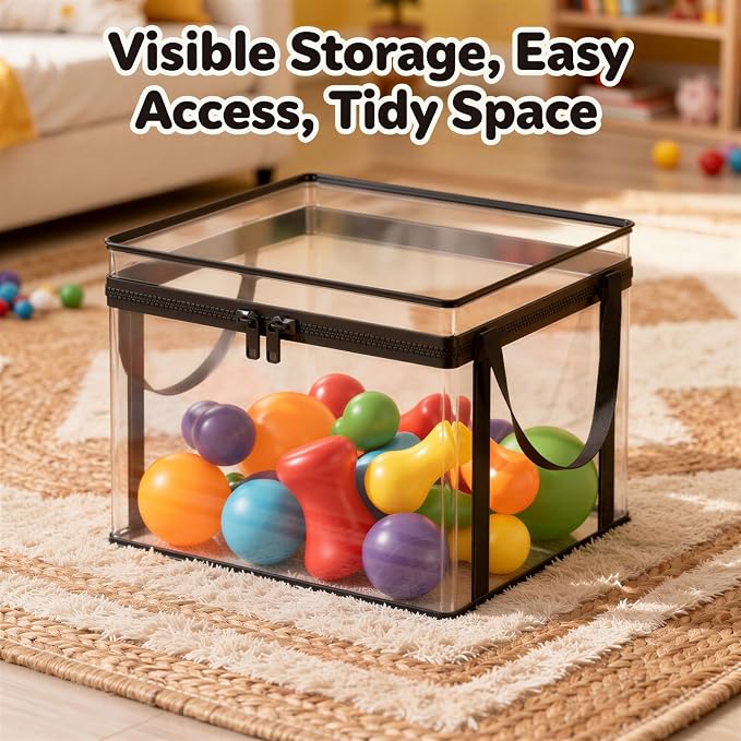2 Pcs Plush Toy Storage Bins, Clear Stuffed Doll Organizer with Zip Lid and Handles, Stackable Foldable Storage Box Set for Bedroom, Living Room, Playroom