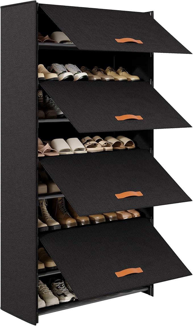 8-Tier Shoe Storage Cabinet with Fabric Cover, Hard Flip Doors, Holds 24-32 Pairs, Enclosed Dustproof Shoe Rack Organizer for Entryway, Closet & Bedroom, Shoe Shelf, Black, 27.8" x 12.0" x 55.9"