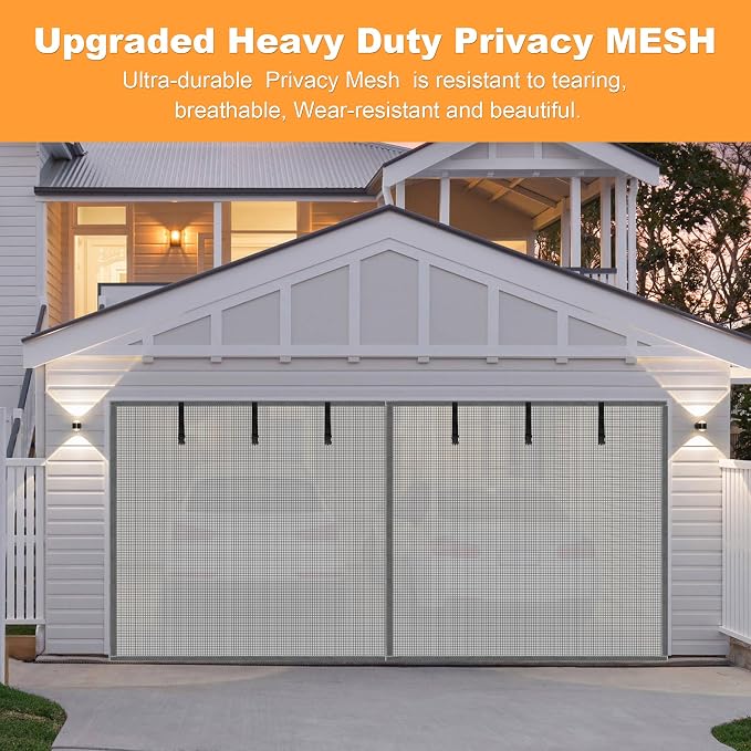 LIAMST Privacy Garage Door Screen Blackout for 2 Car Garage-14x7FT Privacy Silver Grey Heavy Duty Magnetic Garage Screen, Hands Free, Magnetic Privacy Garage Screen Door