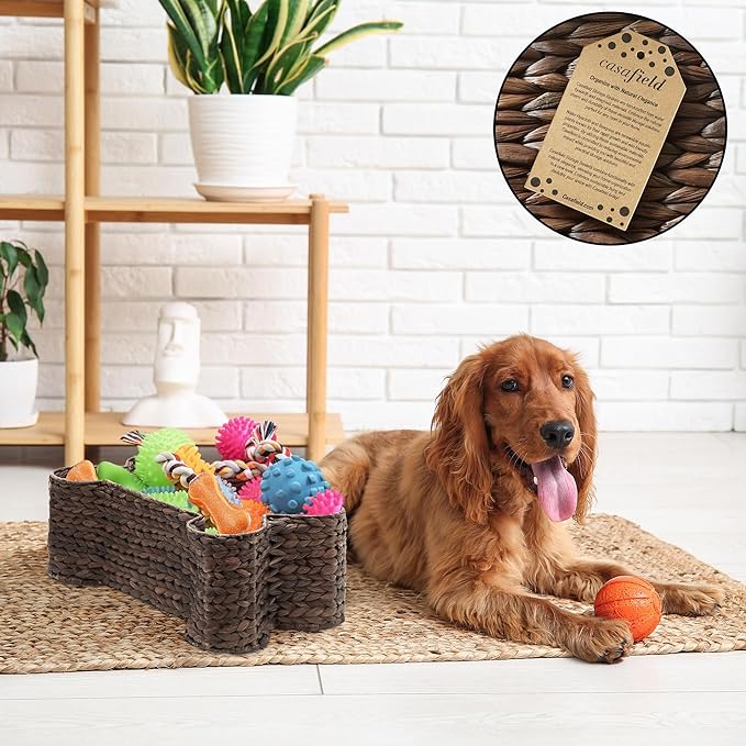 Casafield Dog Bone Shaped Storage Basket - Espresso, Large Woven Water Hyacinth Pet Toy Organizer Bin