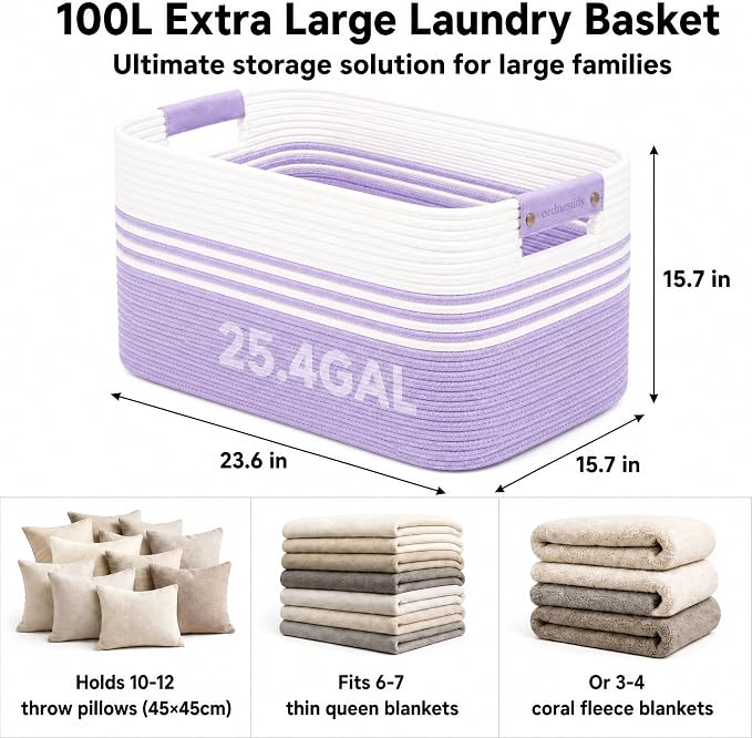 25.4GAL Collapsible Cotton Rope Extra Large Storage Basket For Bedroom Closet, Boho Rectangular Short Hamper Woven Storage Baskets for Living Room Throw Pillows Blankets Dirty Clothes, White Purple