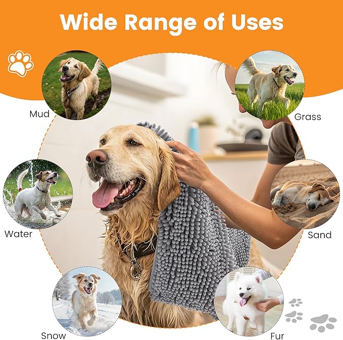 Smiry Chenille Dog Drying Towel, Extra Absorbent Bath Towel for Mud Dogs, Ultra Soft Quick Dry Pet Wash Mitt for Bathing, Grooming and Post-Walk Cleaning (31x13 Inches, Grey)