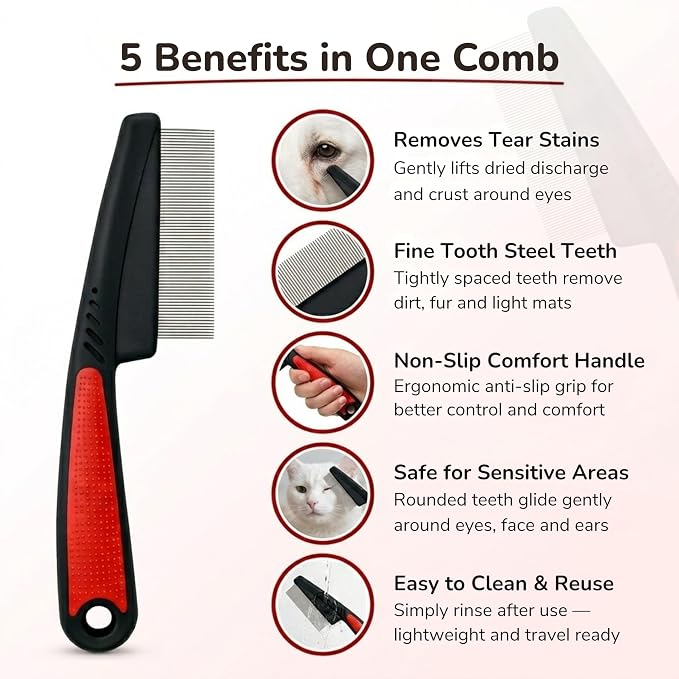 Pets&Goods Stainless Steel Tear Stain Remover Comb – Fine Tooth Grooming Tool for Dogs & Cats with Non Slip Handle, Removes Loose Fur and Dirt, Safe Gentle Cleaning