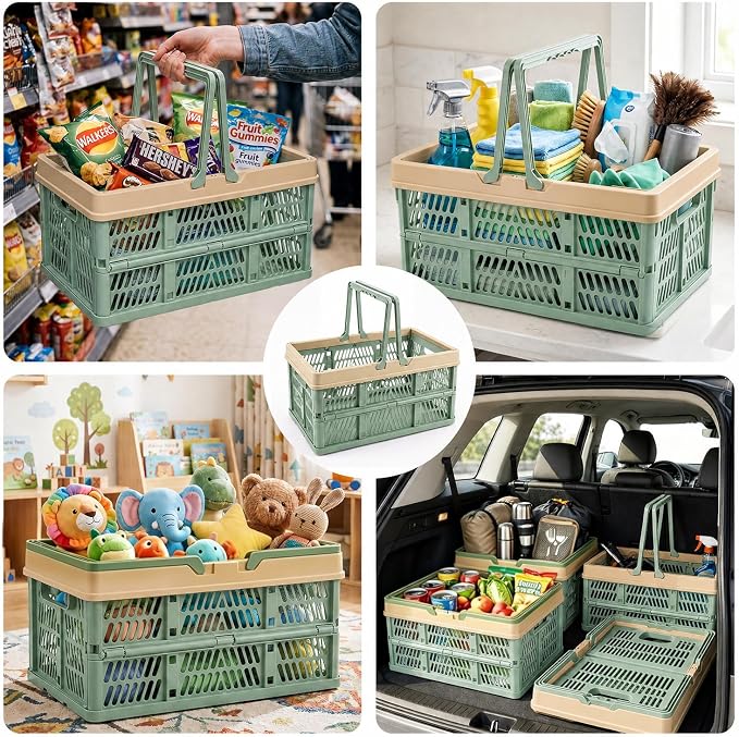 VALESKA Collapsible Crate 20L, Foldable Plastic Milk Crates for Storage, Collapsible Shopping Basket with Handles,Car Trunk Basket,for Kitchen（Green）