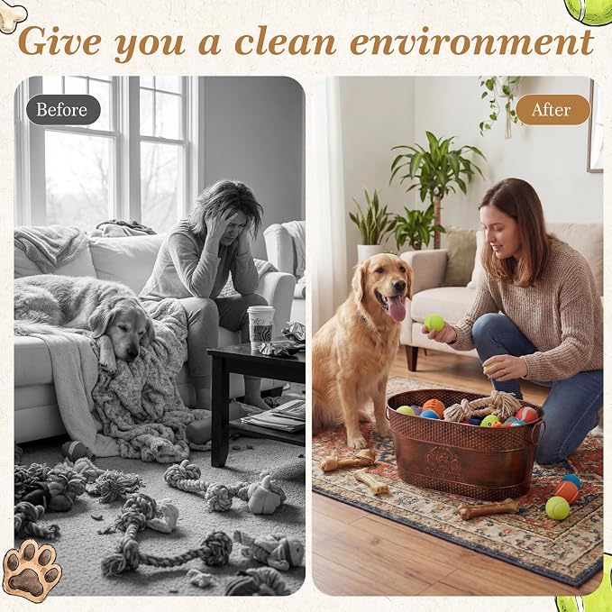 Zonon Metal Dog Toy Storage Bin with Handles 21 Quart Vintage Decorative Basket for Dog Ropes Food Living Room Decor, Galvanized Steel Pet Toy Organizer, 18x11.5x7.5 Inch(Chewing Stick)