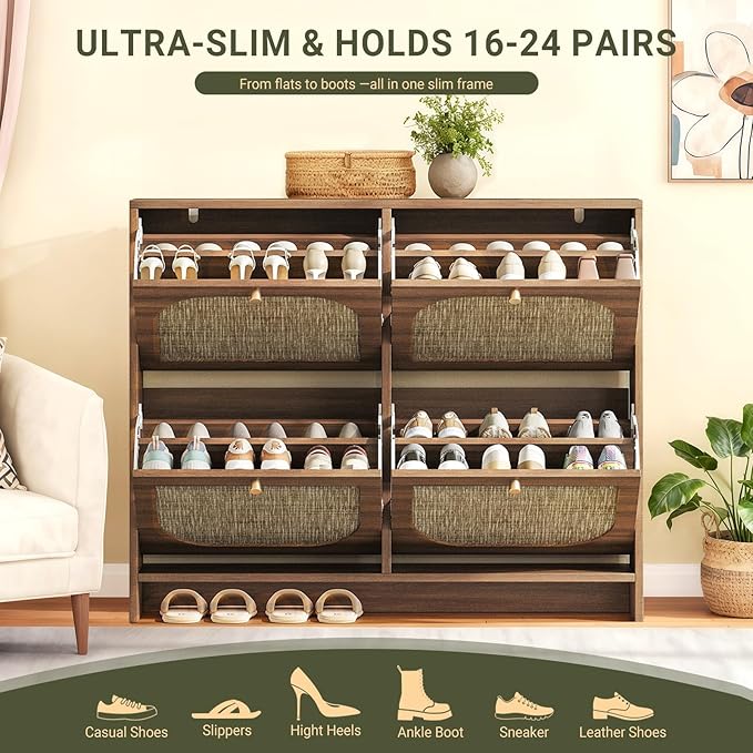 Freestanding Ultra Slim Fluted Accent Shoe Storage Cabinet for Entryway - 4 Flip Drawers & 3-Tier Adjustable Shelves, Farmhouse Modern Rustic Shoe Rack for Hallway, Foyer, Living Room