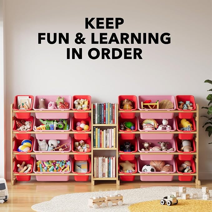SpaceAid Large Toy Storage Organizer with 24 Bins and 3 Shelves, Toy Organizers Storage Bookshelf, Kids Bin Shelf Box Bookcase for Bedroom Playroom Organization Room Decor, Red and Pink