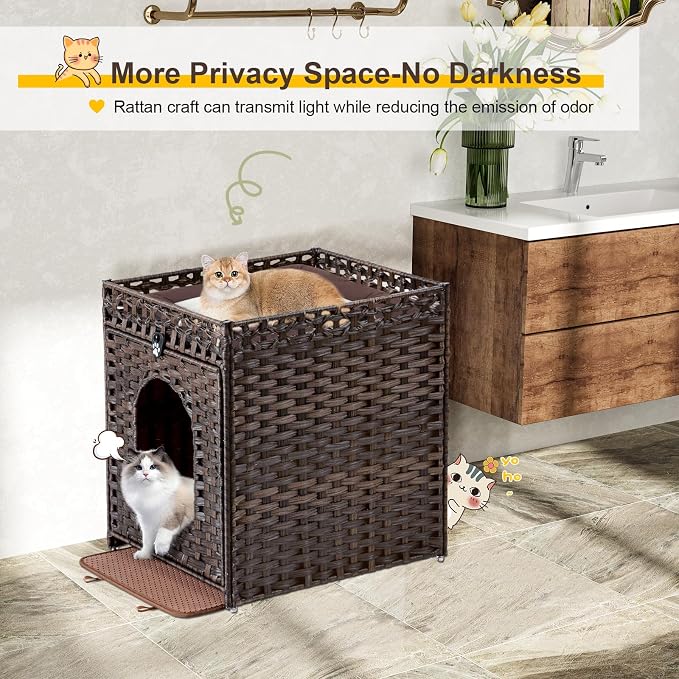 Snughome Cat Litter Box Enclosure Furniture Hidden with Litter Mat, Hidden Cat Washroom Furniture with Door, Handwoven Rattan Cat Washroom Box, Indoor Pet House for Living Room, Bedroom (Brown)