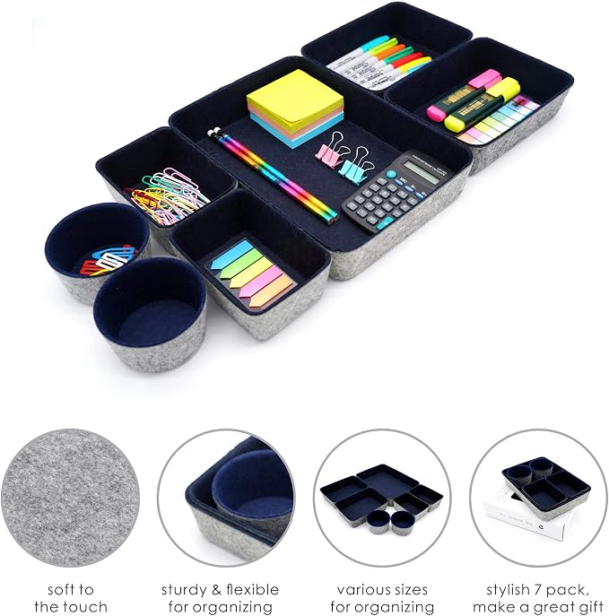 Welaxy 7 Piece Felt Desk Drawer Organizer Storage Bin Navy Catchall Tray