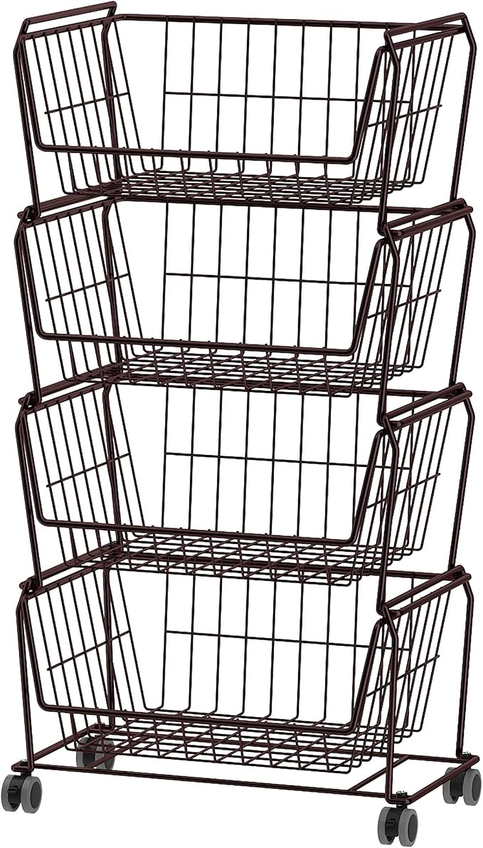 PUSDON 4-Tier Spacious Stackable Wire Storage Baskets with Wheels, Metal Rolling Utility Cart, Produce Basket for Pantry, Bathroom Organizer Shelf, Vintage Bronze