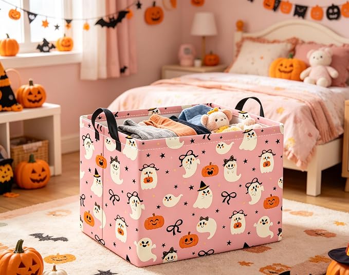 Halloween Basket Cute Baskets for Kids Pumpkin Basket Rectangular Storage Bin Organizer Box Room Decor(Bowknot Ghost)