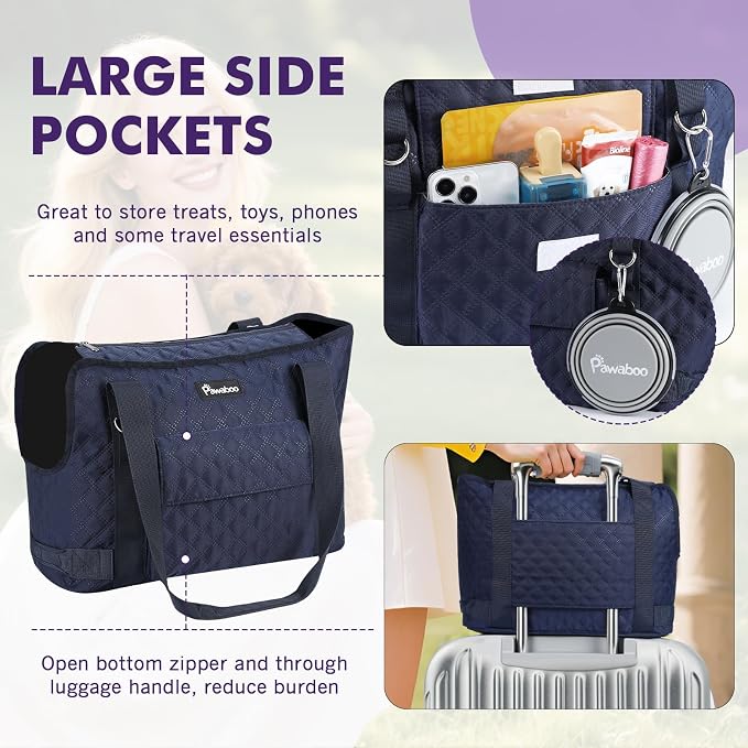 Pawaboo Dog Purse Carrier for Small Dogs with Pocket,Up to 11Lbs | Lightweight & Portable Dog Tote Bag Carrier Purses,Soft Sided Design,Front Pocket for Storage Travel Shopping Navy Blue