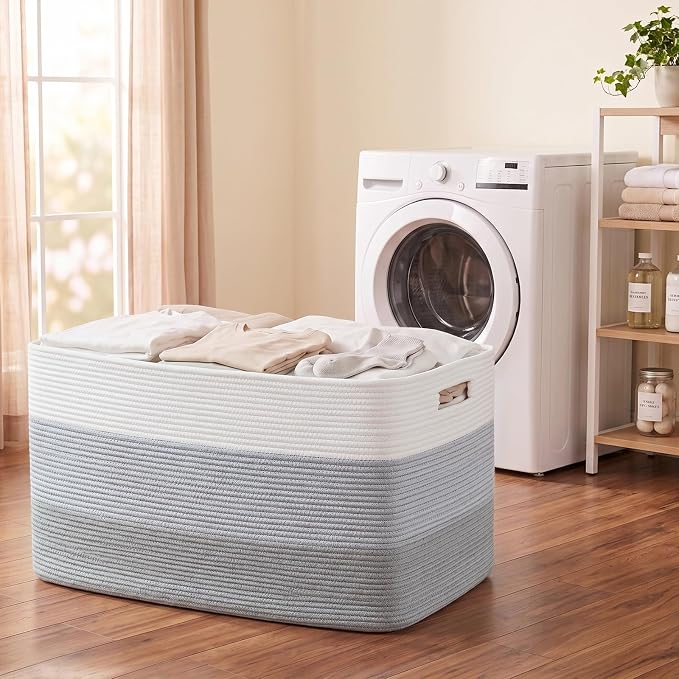 OIAHOMY 108L Super Large Blanket Basket, 25”x16”x16”(108L) Rectangle Woven Baskets for Storage, Cotton Rope Basket For Living Room, Toy Storage with Handle - Gradient Grey | Rectangle Woven Baskets for Storage Cotton Rope Basket For Living Room Toy Sto...