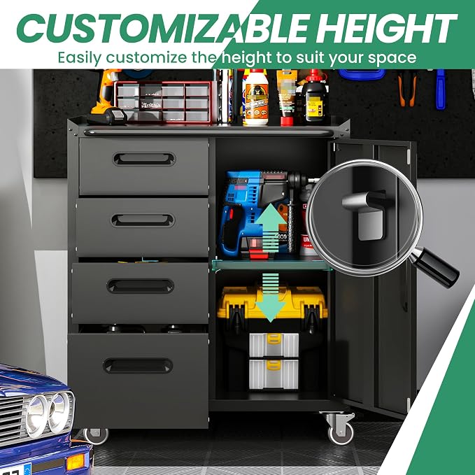 Garage Cabinets,Metal Garage Storage Cabinet with Wheels,Black Lockable Rolling Tool Cabinet with Drawer and Adjustable Shelves,Heavy Duty Tool Chest for Home Office Utility Room