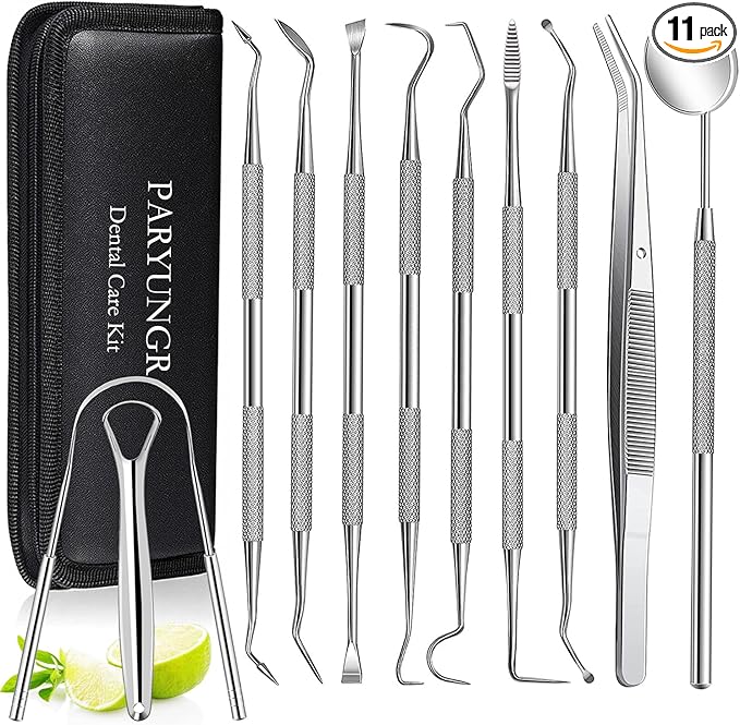 11 Pack Dental Tools PARYUNGR Teeth Cleaning Tool Kit, Stainless Steel Tongue Scraper Tartar Plaque Remover Tooth Cleaner Dental Floss Picks Mouth Mirror, Professional Oral Care Hygiene Set with Case