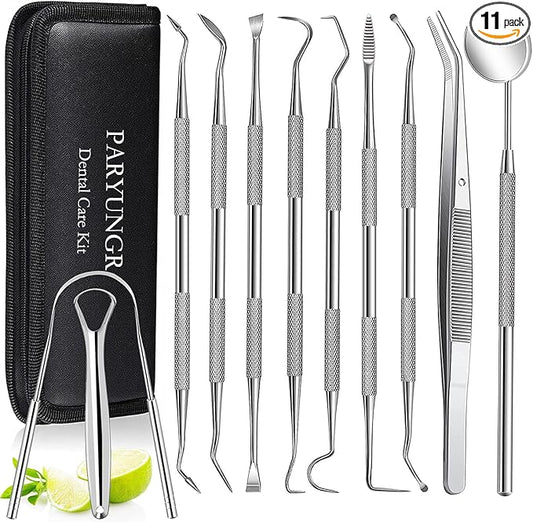 11 Pack Dental Tools PARYUNGR Teeth Cleaning Tool Kit, Stainless Steel Tongue Scraper Tartar Plaque Remover Tooth Cleaner Dental Floss Picks Mouth Mirror, Professional Oral Care Hygiene Set with Case