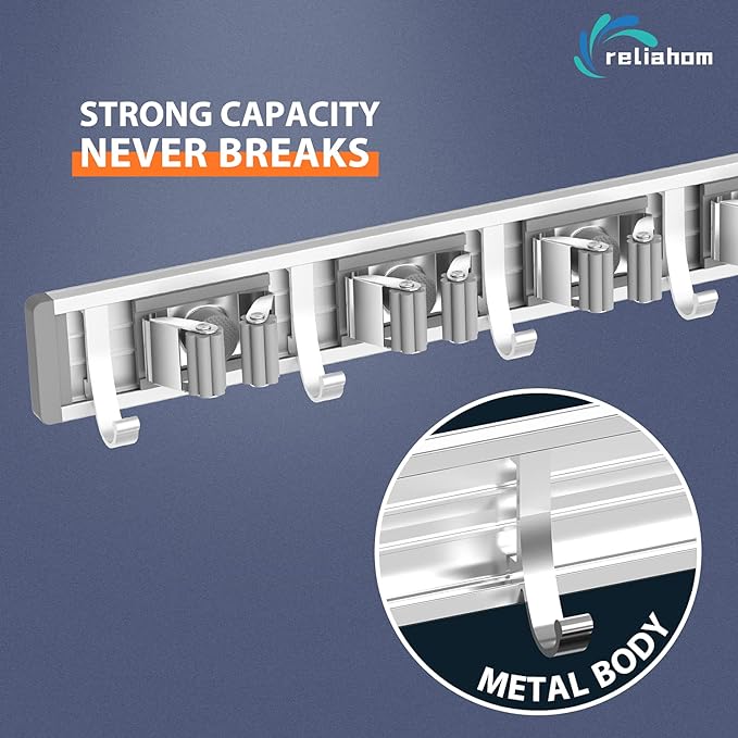 reliahom Broom Holder Wall Mount Mop Hanger Tools organizer 4Racks 5Hooks | Adjustable Mop Broom Wall Hanging Heavy duty Tools Storage Rack Space-saving for Garage,Kitchen,Laundry Room,Garden, Silver