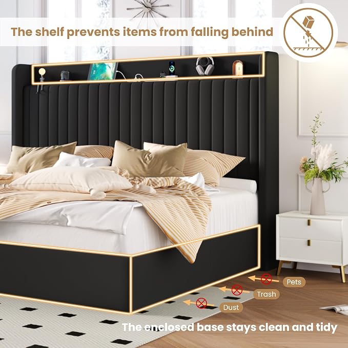 SHA CERLIN King Size Lift Up Storage Bed Frame, Charging Station, Black | Storage Headboard with Charging Station, USB, Type-C Port Velvet Hydraulic Storage Bed No Box Spring Needed Noise Free
