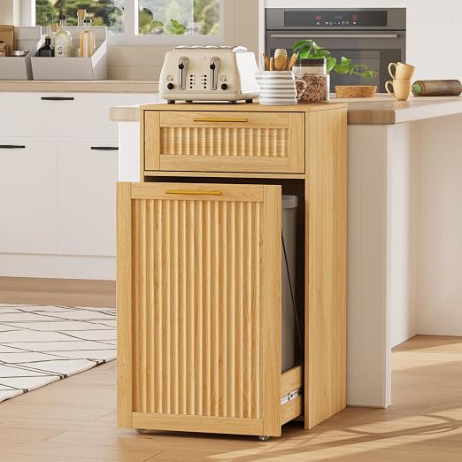 13 Gallons Pull Out Trash Can Cabinet, Hidden Trash Can, Natural Oak | Fluted Kitchen Trash Cabinet with Drawer, Freestanding Garbage Pet Proof Trash Can Holder for Laundry, Living Room