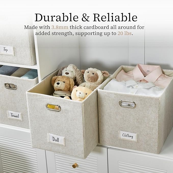 DECOMOMO Felt Storage Bins, 13 inch Cube Storage Bin with Labels | 4 Pack Storage Baskets for Shelves, Kallax (Beige)