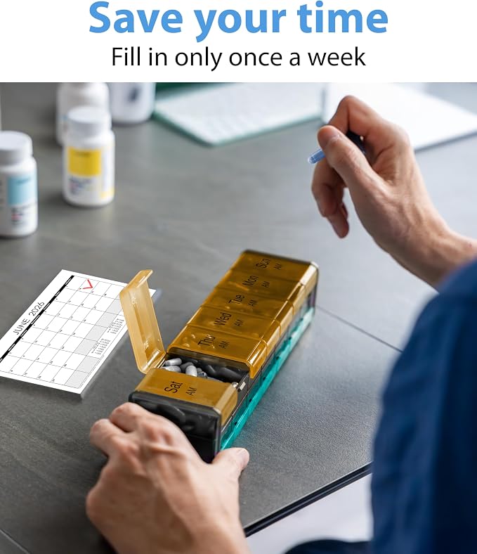 Extra Large Pill Organizer - XXL Vitamin Holder for Weekly Supplements - Double Sided Pill Box 7 Day with Big AM PM Compartments Huge Daily Medicine Dispenser 2 Times a Day Reliable and Easy-to-Use