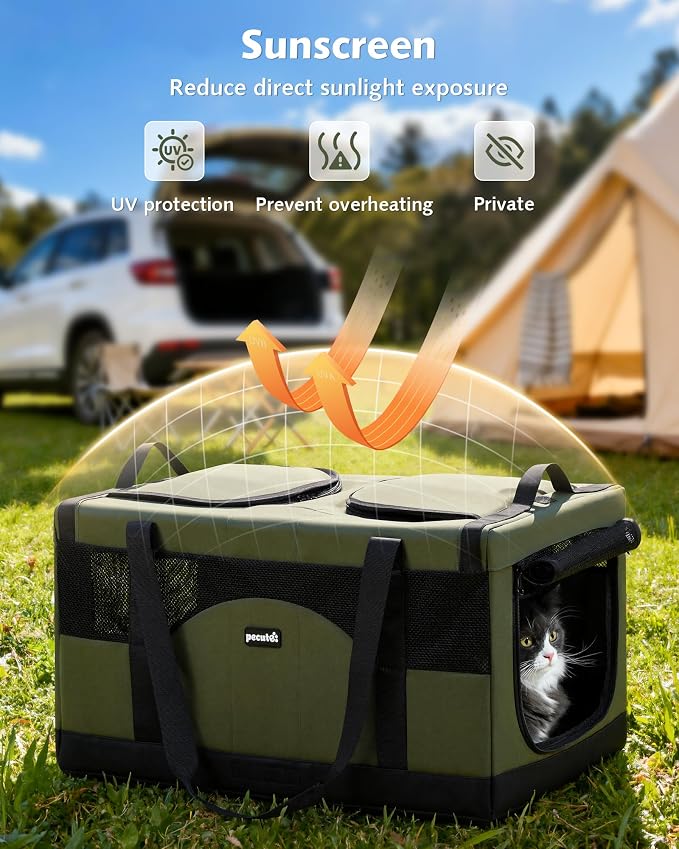 Pecute Large Cat Carrier, Soft Double Pet Crate for 2 Cats Travel, Green | Anti-Collapse Steel Frame, Convertible Dual Space, Foldable, Polyester Breathable mesh, Up to 26 lbs, Car Travel & Vet Visits