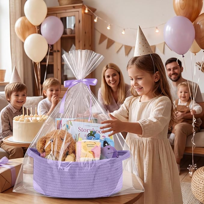 woric Small Gift Baskets for Women Girl Birthday Woven Storage Baskets | Purple Basket for Gifts Empty Baby Shower Nursery Toys Blanket Bathroom (12"X 8" X 5" with Gift Bag Card Ribbon Tissue Paper)