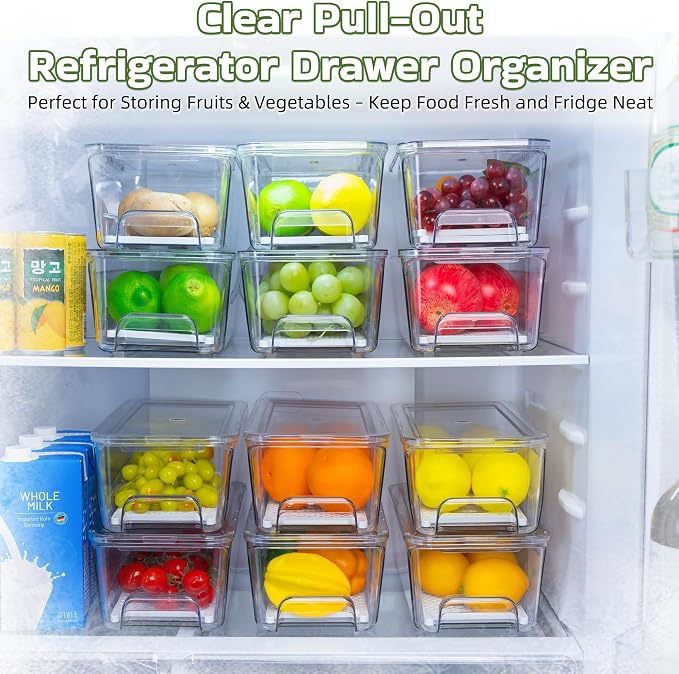 Large Fridge Organizer Drawers, 4 Pack Clear Pull-Out Refrigerator Organizer Bins, Stackable Fruit and Vegetable Storage Containers for Kitchen, Refrigerator, Pantry