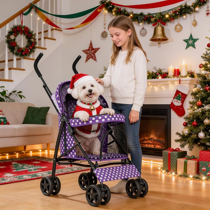 MoNiBloom Pet Stroller for Small/Medium Dogs and Cats, Purple Polka Dots | Foladble 4 Wheels Easy-Fold Puppy Cage Jogger Stroller with Sun Cover, Pad and Rear Storage Bag, Breathable and Visible Mesh