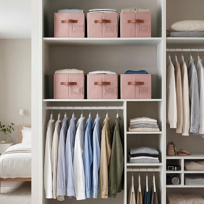 GRANNY SAYS Closet Storage Bins with Label, Dusty Pink, Medium, 3-Pack | Clothes Storage Bins with PU Handles, Closet Organizer for Shelves, Collapsible Decorative Storage Box