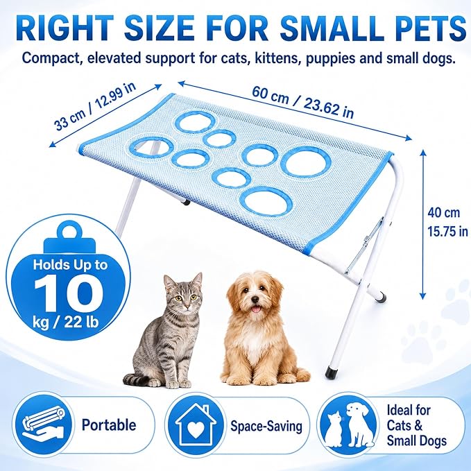 2-in-1 Foldable Pet Grooming Bed Portable Pet Hammock for Dogs and Cats | Eight Hole Quick Dry Mesh Iron Frame Stable Support up to 10kg for Bathing Nail Care and Cleaning(Blue)