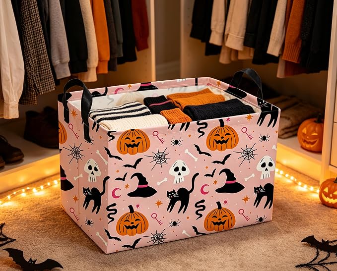 Rectangle Halloween Baskets Ghost Basket Cute Storage Bin Fish Box for Room Decor Gift Basket(Cat Halloween)