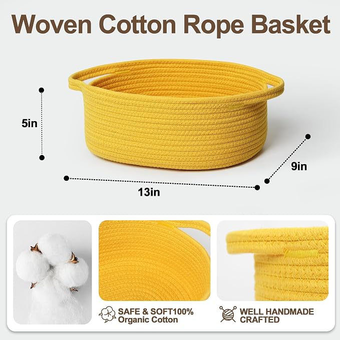 WILLITAT Yellow Basket for Gifts Empty, 13"x 9"x 5" Small Woven Gift Basket with Bag and Ribbon, Cotton Rope Dog Cat Toy Bin Box, Cute Baby Nursery Organizer, Decorative Storage with Handles, Yellow