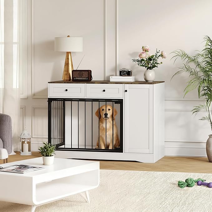 47'' Farmhouse Dog Crate Furniture & TV Stand with Double Doors, Modern Indoor Kennel Dog Cage Buffet Cabinet Side End Table with 2 Drawers and Storage Cabinet for Small Medium Dogs Pet House