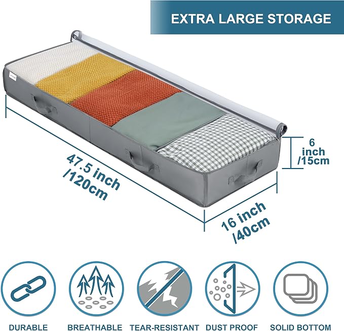 Under Bed Storage Containers, 2 Pack Under the Bed Bags, Clear Underbed Storage Bins with Sturdy | Adjustable Dividers | Sidewalls | Bottom, Closet Organizer for Clothes Sheet Blankets, 47.5x16x6in