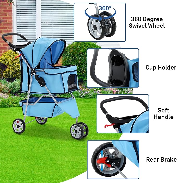 Best 3 Wheels Pet Stroller for Dog Stroller Cat Stroller, Lightweight and Foldable Pet Jogger Stroller, Carrier Strolling Cart W/Cup Holders Removable Liner for Small and Medium Dog Cat or Pet - Blue