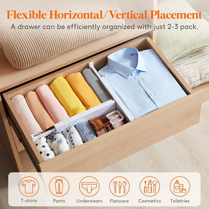 Lifewit 4" High Upgrade Drawer Divider, Adjustable Drawer Organizer Clothes | 4 Pack 11"-17" Expandable White Plastic Drawer Separator for Dresser, Kitchen, Closet, Nursery, Office Organization & Storage
