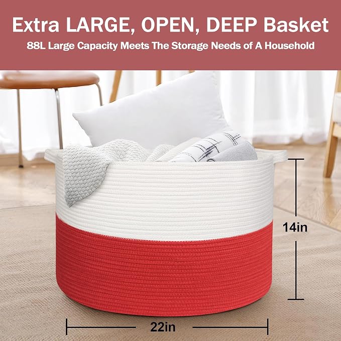 MEGASKET Large Red Baskets for Storage, 22x14 Wicker Woven Storage Basket, Blanket Organizer, Kids Toy Bin Box, Bathroom Beach Towel Basket, Basket for Gifts Decor, Fireplace Living Room Decoration