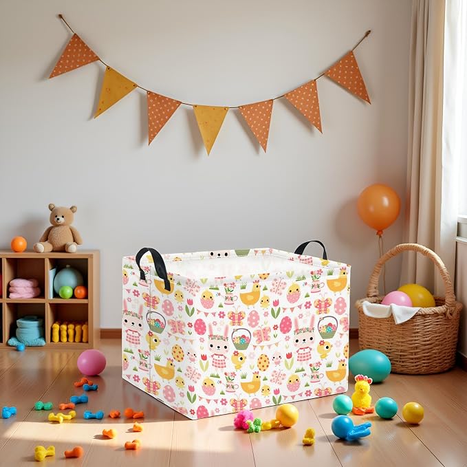 Rectangular Easter Basket Easter Basket for Kids Baby Storage Basket Cute Toy Storage Bin Organizer Shelf Book Basket Easter Room Decor(Pink Easter Egg)