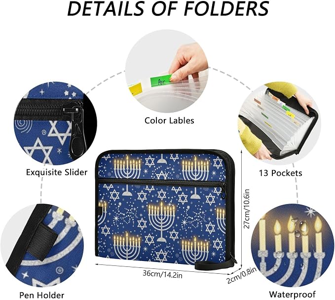 Blue Star Happy Festival Expanding File Folder with Sticky Labels, 13 Pockets Accordion File Folder Document Organizer Expandable Zip File Folder with Zipper Closure