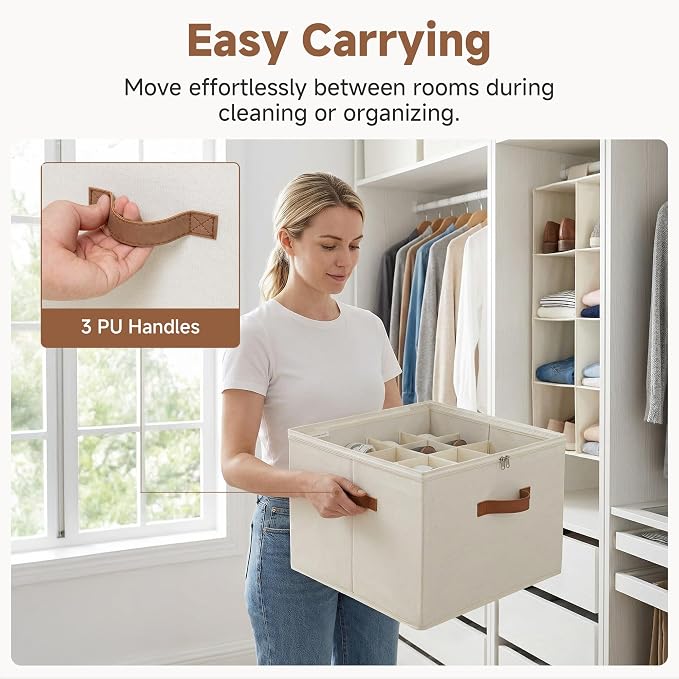 StorageWorks 16-Pair Shoe Organizer for Closet, Adjustable Dividers, Beige | Holds up to 16 Pairs, Foldable, Clear Lid, Reinforced Handles, Fits Sneakers, Boots & Heels, For Closet, Entryway & Bedroom