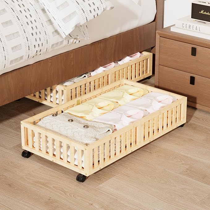 Under Bed Storage with Wheels, 2 Pcs Bamboo Drawers for Clothes and Toy | 360° wheels glide smoothly. Sturdy bamboo frames hold clothes, shoes, bedding and toys. Easy pullout access keeps rooms tidy