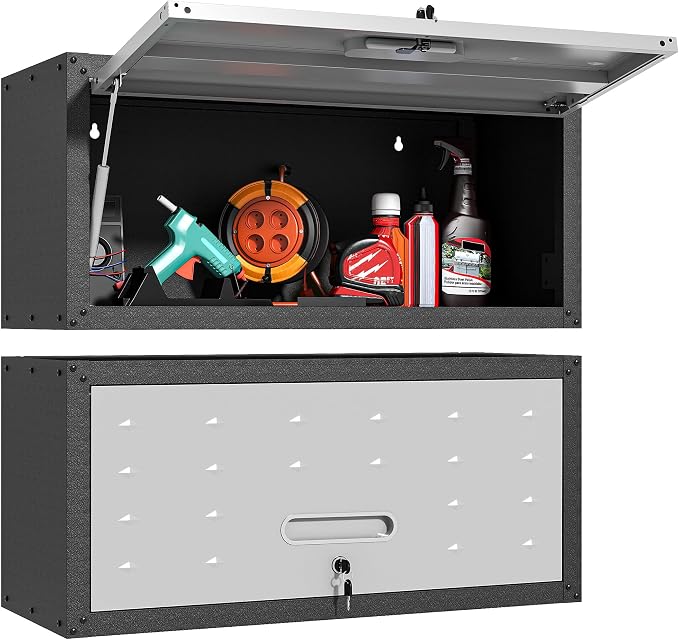 Metal Storage Cabinet for Garage, Tool Cabinet, Utility Cabinet | Wall Mounted, Hanging Tool Cabinet, Lockable, Flip-up Cabinet Door, Assembly Required, Black & Grey